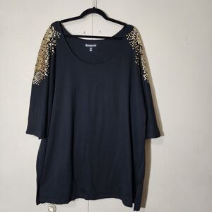 Roamans Womens Shirt 3XL 30/32 Black Sequin Pullover Tunic Blouse Top